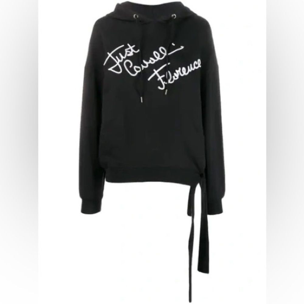 NWOT Just Cavalli BOW-DETAILED EMBROIDERED FRENCH COTTON-TERRY HOODIE IN BLACK